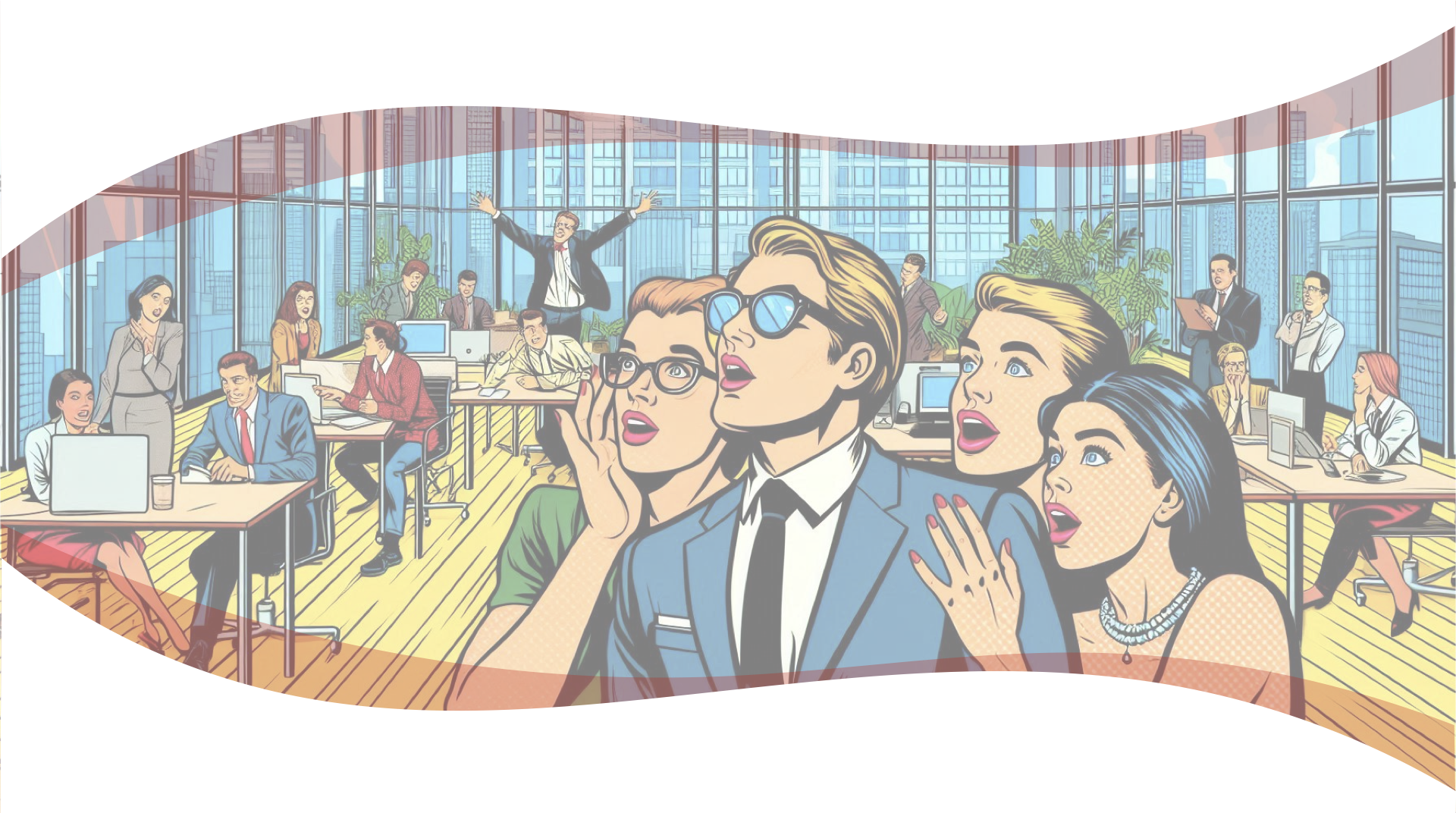 Amazed office workers in retro comic style illustration showing customer satisfaction with Le Bon Boon coffee solutions