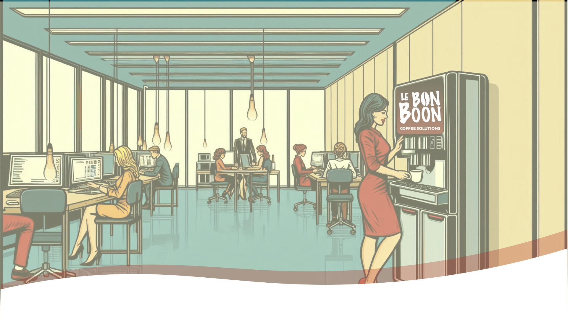 Retro office scene with Le Bon Boon coffee machine and workers in a mid-century modern workspace